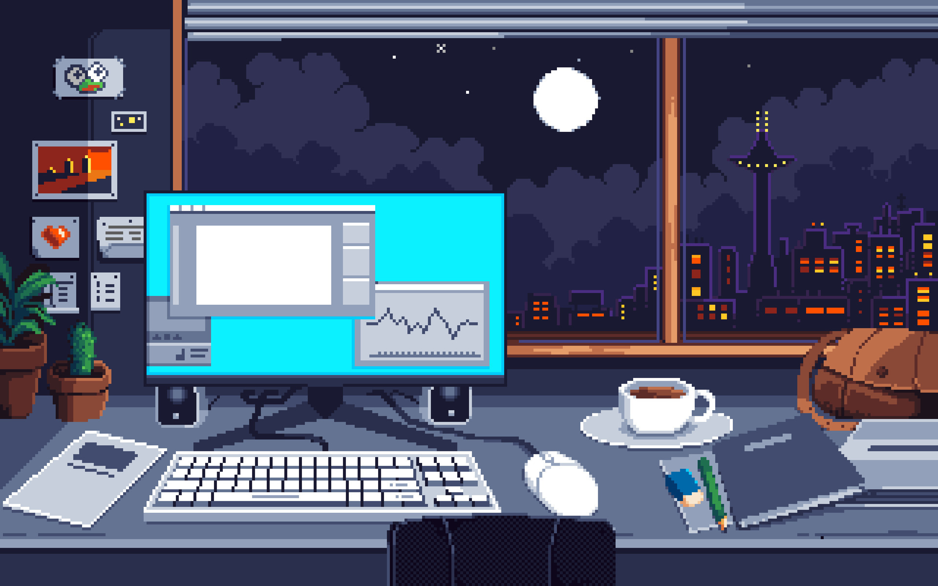 Pixel art d'un bureau avec un ordinateur et un café